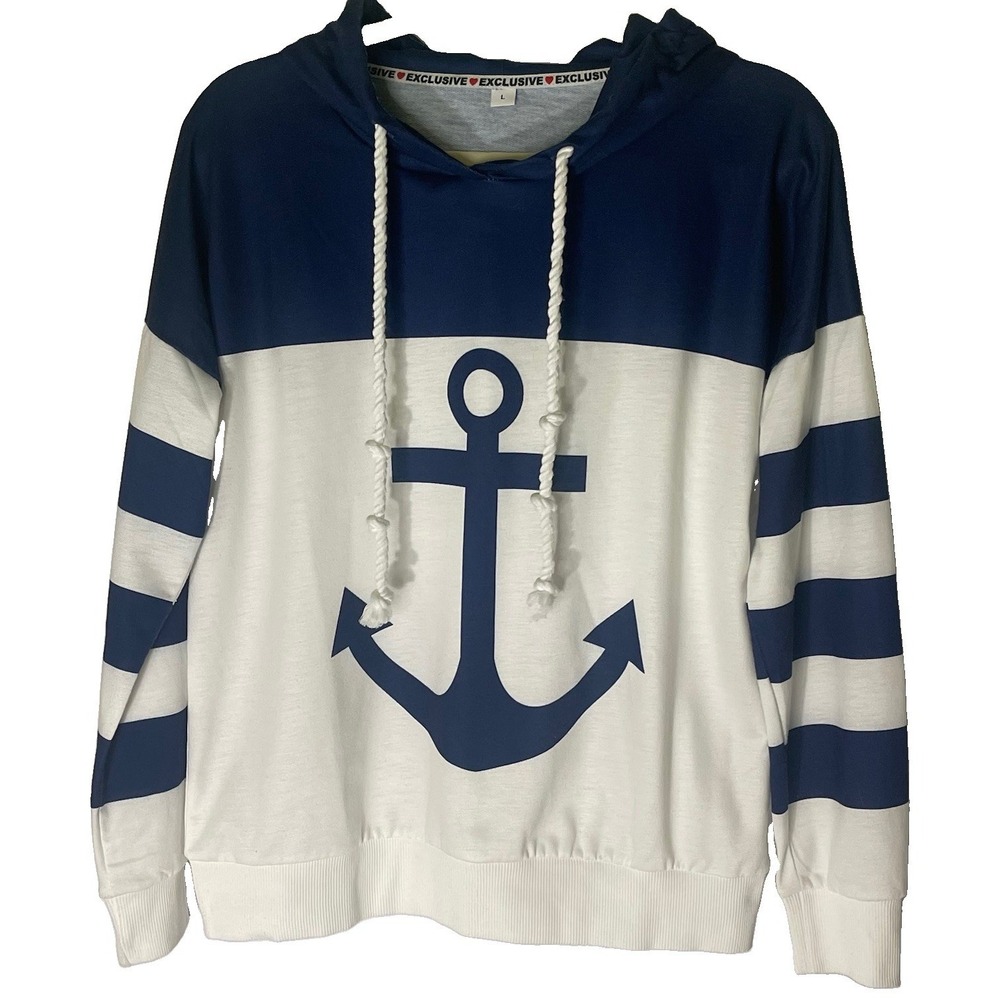 Exclusive Navy White Nautical Hoodie Women's Large Lightweight Long Sleeve Top